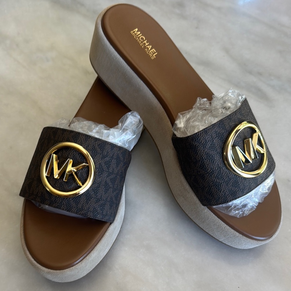 Michael Kors Dark Brown and Gold Logo Slides